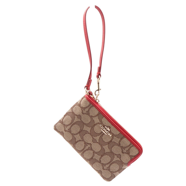 Coach Small Wristlet Signature Canvas Khaki Red Leather F58035 Gold Hardware