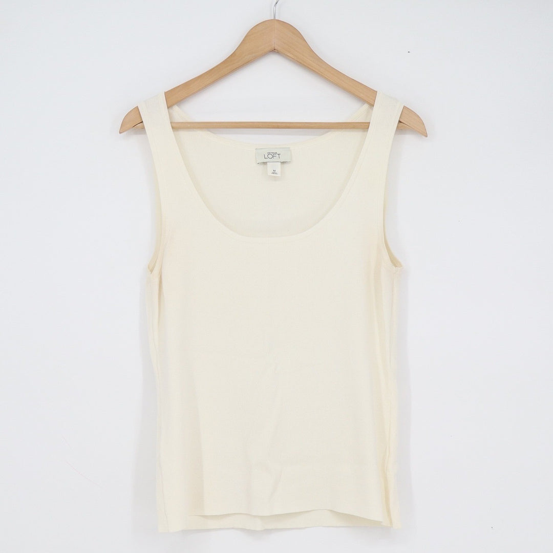 Ann Taylor Loft Womens Medium Cream Knit Scoop Neck Sleeveless Tank Top Shell