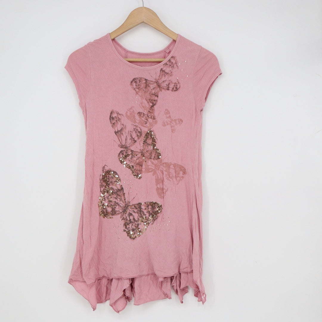 Next Girls Pink Butterfly Sequin Handkerchief Hem Tunic Top Size 8