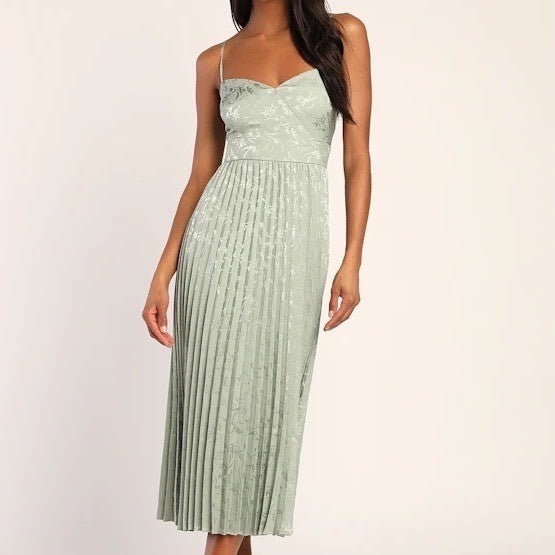 Lulus Regal Romance Midi Dress Womens Small Sage Floral Jacquard Satin Pleated