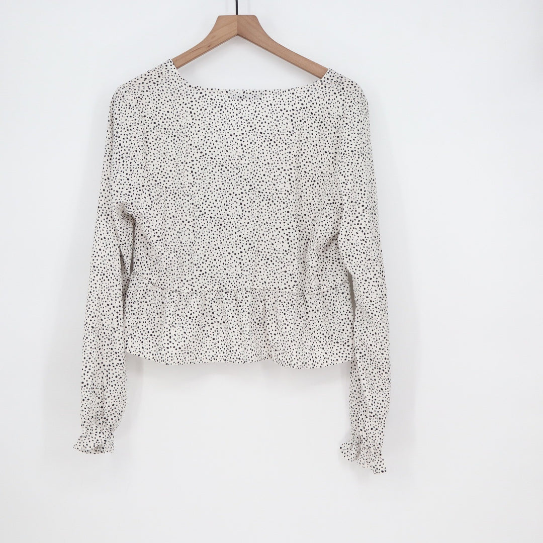 SHEIN White Polka Dot Tie Front Peplum Long Sleeve Blouse Top Large