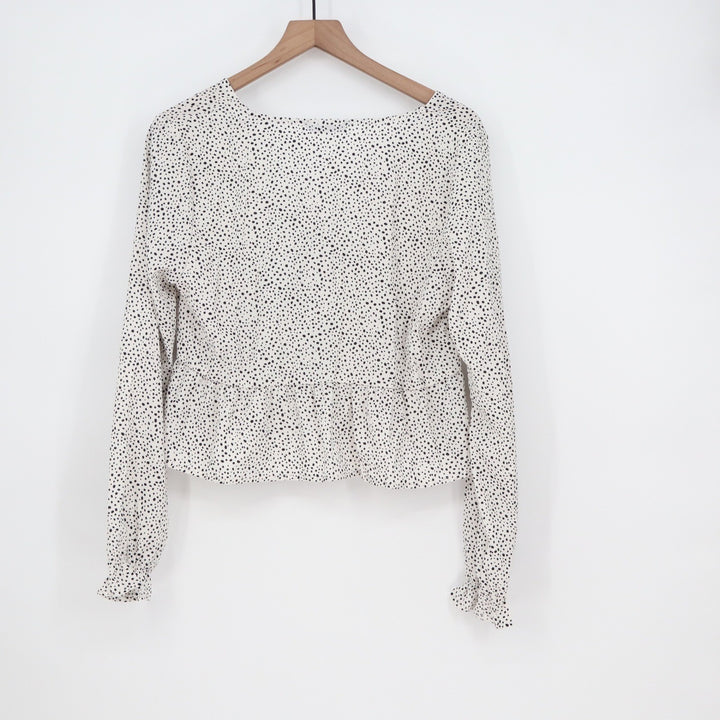 SHEIN White Polka Dot Tie Front Peplum Long Sleeve Blouse Top Large