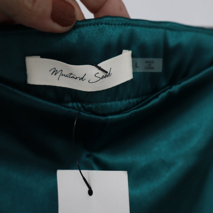 Mustard Seed High Rise Satin Pant Teal Green Straight Leg Side Slit L NEW