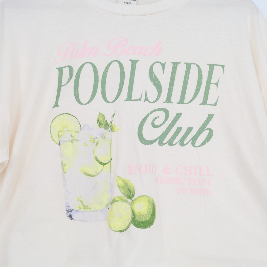 No Boundaries Crop T Shirt Womens L(12-14) White Poolside Club Graphic Crew Neck