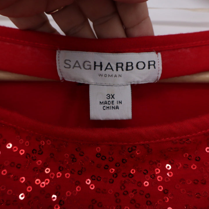 Sag Harbor Woman Red Sequin Front Long Sleeve Holiday Blouse Top 3X
