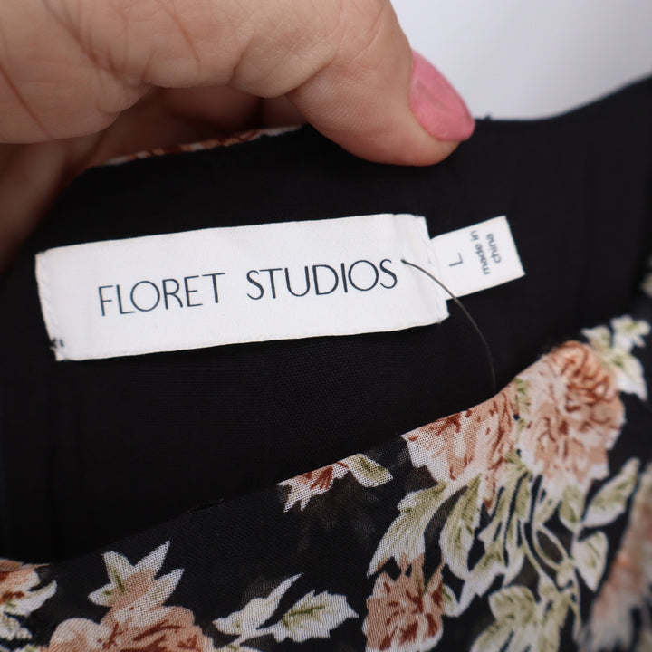 Floret Studios Dress Women's L Black Floral Tulip Hem NWT