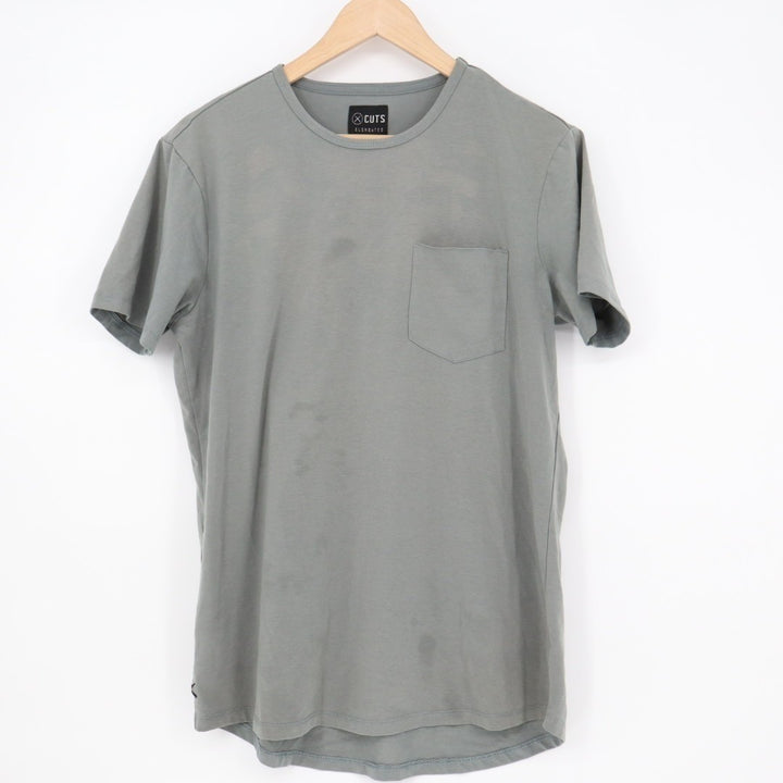 Cuts Elongated T-Shirt Men Gray Short Sleeve Outdoor Wear Front Pocket Crew Neck