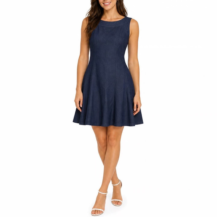 Sharagano Woman Dark Wash Denim Fit & Flare Sleeveless Dress 18W Blue Scoop Neck