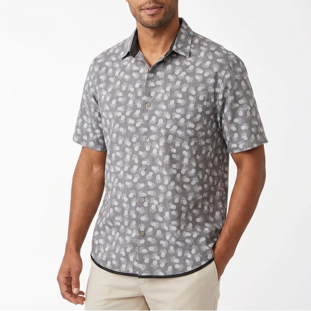 Tommy Bahama Hawaiian Shirt Mens XL Gray Pineapples Print Cotton Short Sleeve