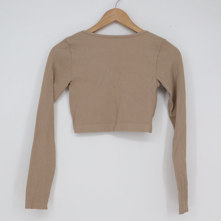 Garage Women Tan Ribbed V-Neck Long Sleeve Crop Top Beige XS