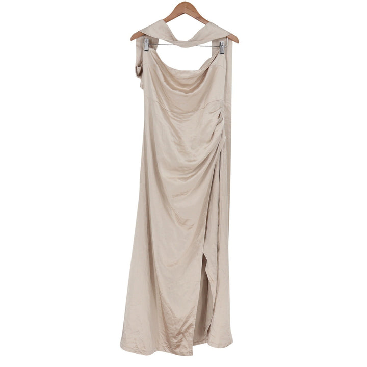 Lulus Champagne Satin Cowl Neck Ruched Maxi Dress XL Sleeveless Side Slit Formal