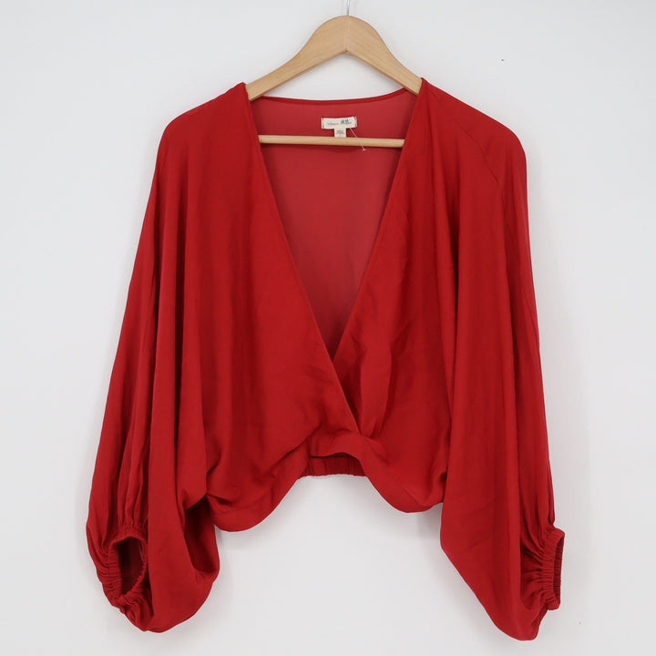 Silence + Noise Red Surplice Balloon Sleeve Cropped Blouse Small V-Neck Dolman