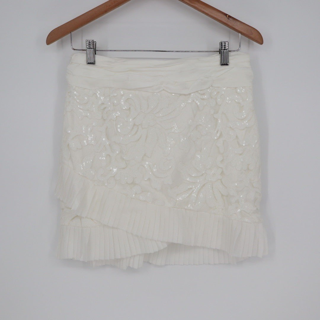 Naked Wardrobe The Statement White Sequin Floral Ruffle Mini Skirt Size M