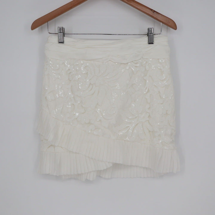 Naked Wardrobe The Statement White Sequin Floral Ruffle Mini Skirt Size M