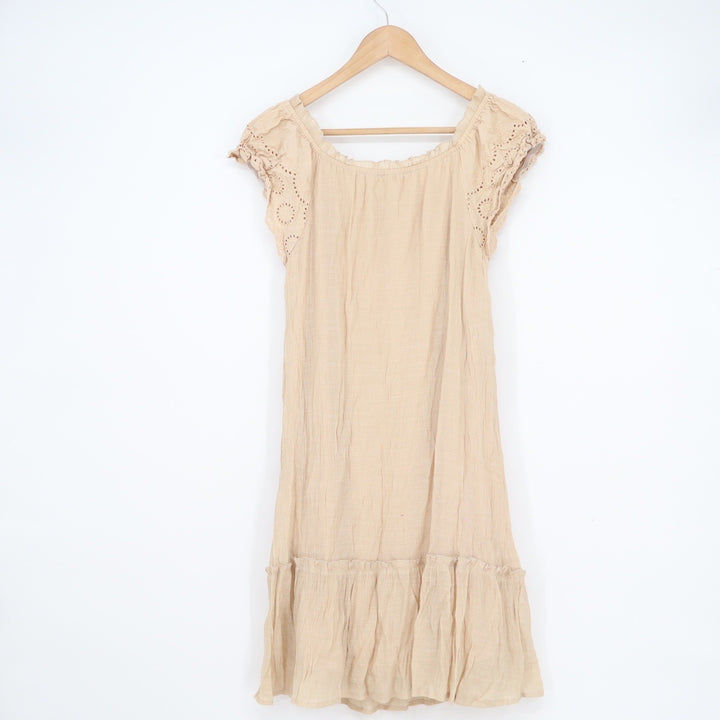 Indigo Rose Beige Eyelet Lace Cap Sleeve Ruffle Hem Boho Mini Dress Womens