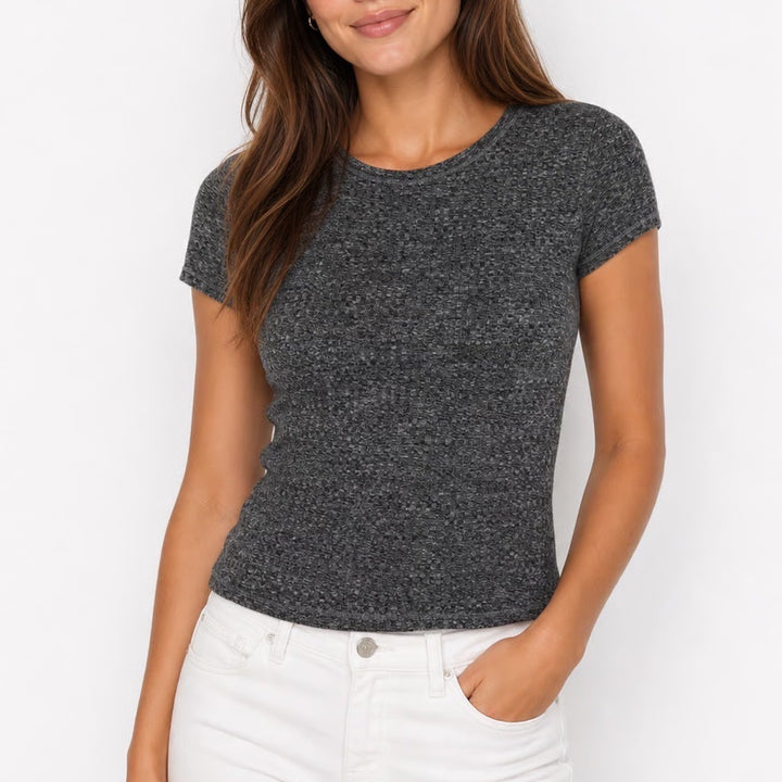 Charlotte Russe Grey Space Dye Ribbed Short Sleeve Crew Neck Top Size M