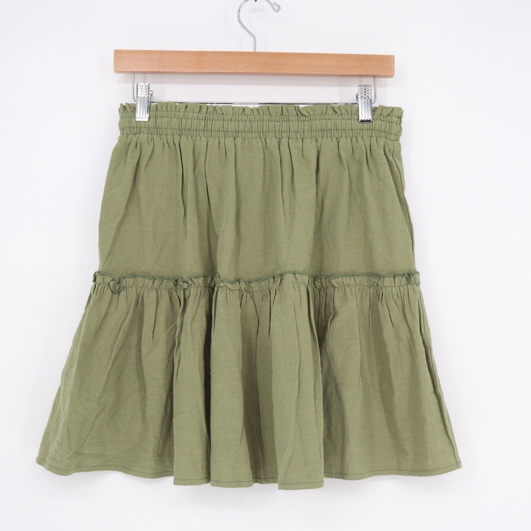 Mini Skirts Womens M Olive Green Pleated Dusk Tiered Tie Detail Elastic Waist
