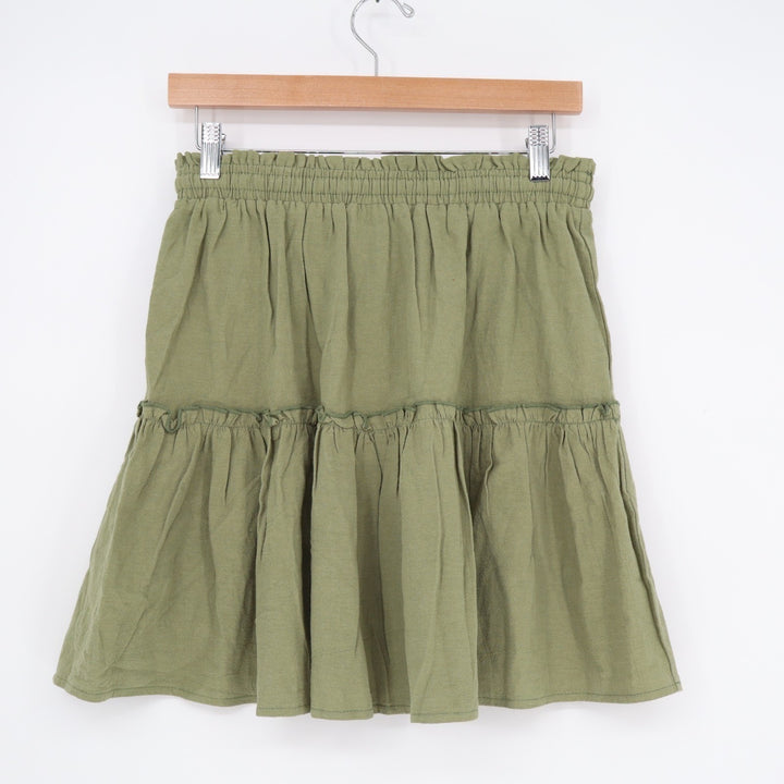 Mini Skirts Womens M Olive Green Pleated Dusk Tiered Tie Detail Elastic Waist