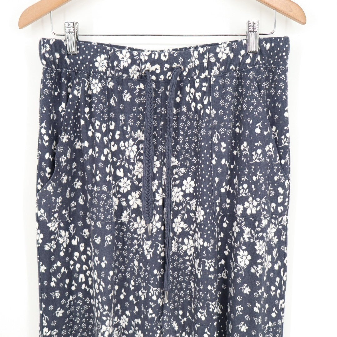 Pajama Pants Womens Medium Navy Floral Mid Rise Drawstring Waist Slash Pockets