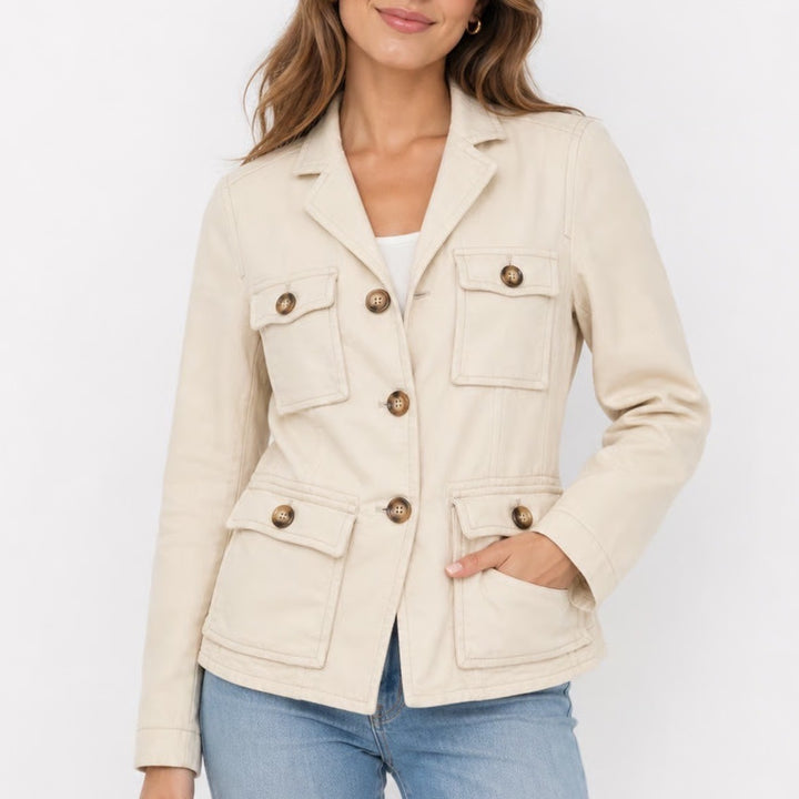 GAP Womens Utility Field Jacket Cream Cotton Stretch Button Front Size 6