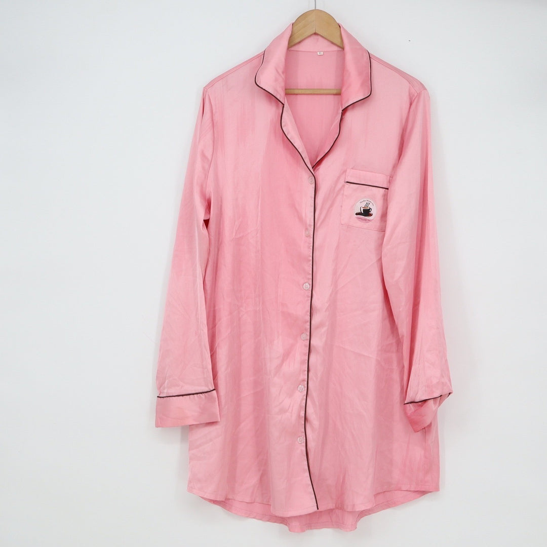 Mocha Moms Inc Pink Satin Nightshirt XL Button Down Long Sleeve Contrast Piping