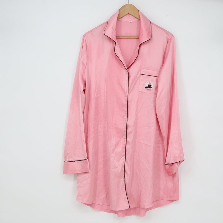 Mocha Moms Inc Pink Satin Nightshirt XL Button Down Long Sleeve Contrast Piping