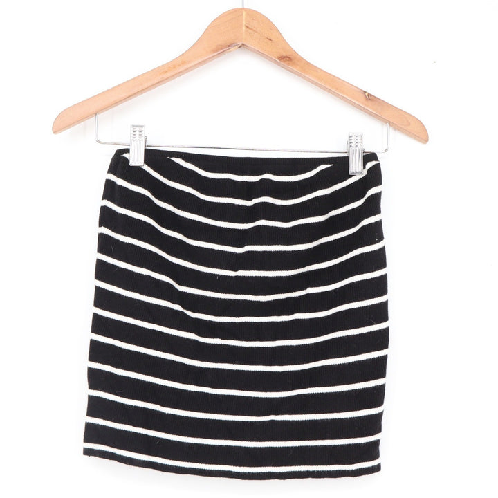 Striped Ribbed Knit Mini Skirt Black White Bodycon Stretch Casual