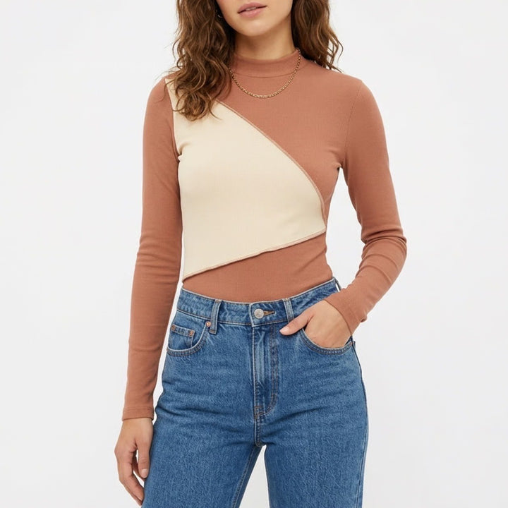 Naked Wardrobe Womens Ribbed Color block Mock Neck Bodysuit Coco Oatmeal L