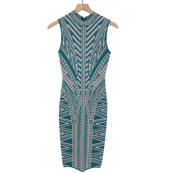Marciano For Guess Bodycon Midi Dress Womens XS Teal Beige Mock Neck Back Zip