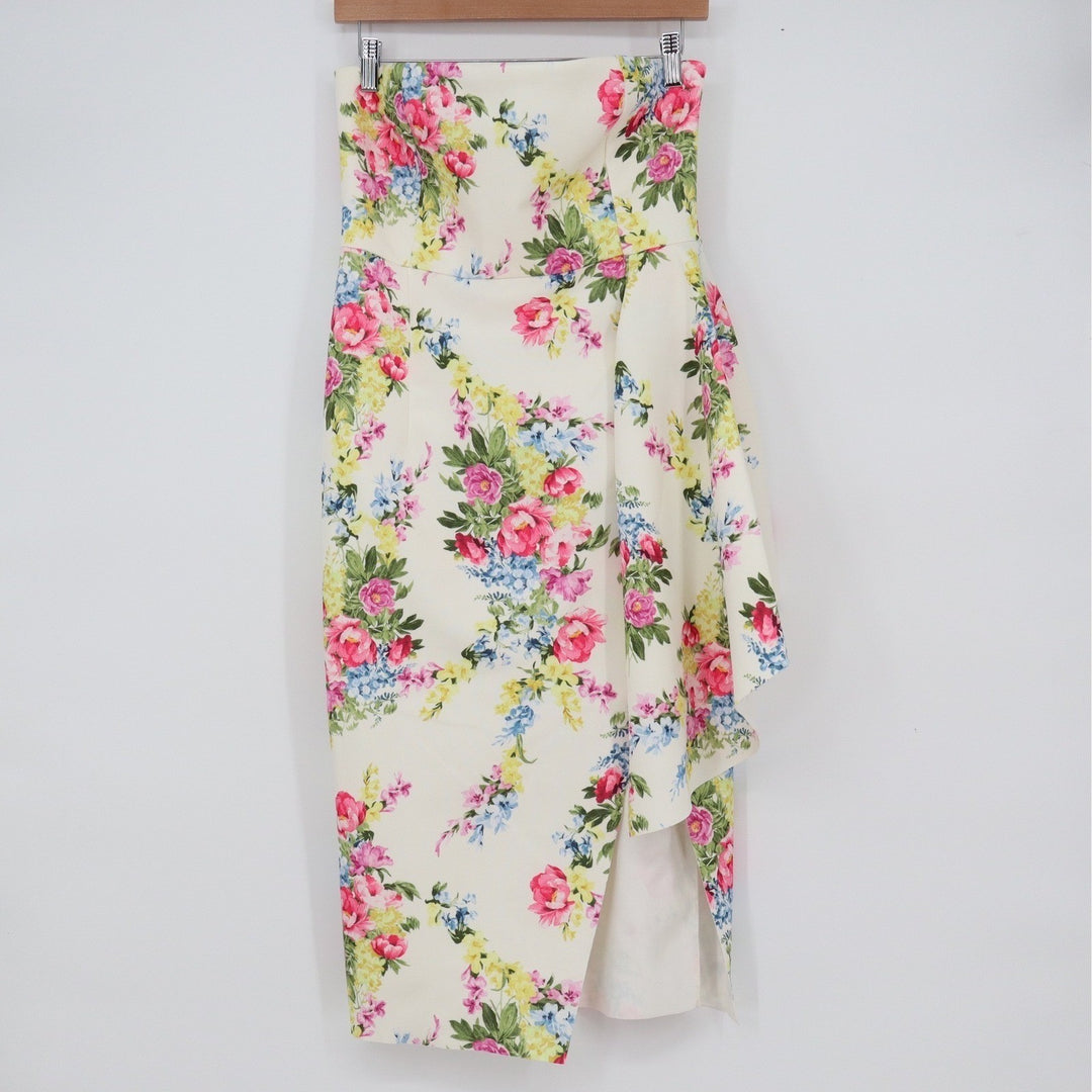 ASOS Floral Strapless Midi Dress Cream Pink Yellow Ruffle Wrap Size 8 NEW