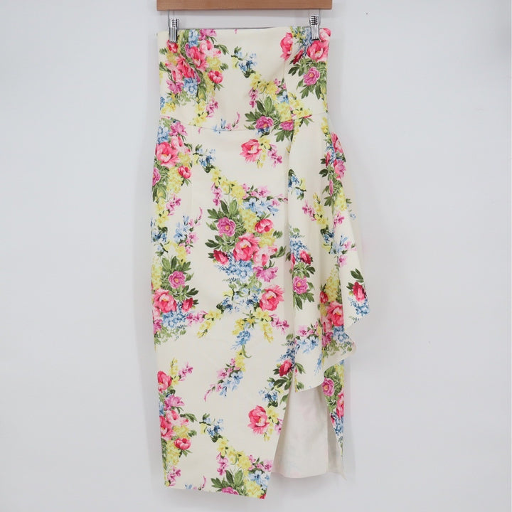 ASOS Floral Strapless Midi Dress Cream Pink Yellow Ruffle Wrap Size 8 NEW