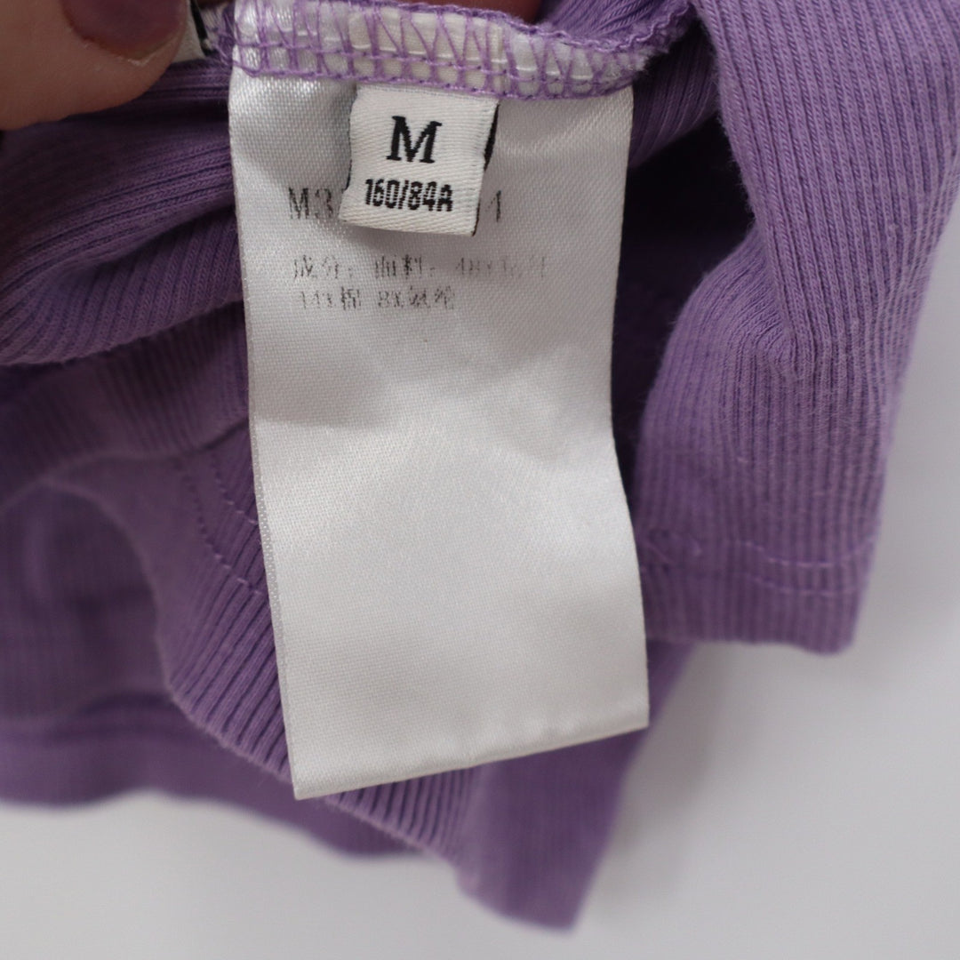 Purple Asymmetrical Neckline Button Front Ribbed Short Sleeve Top Medium