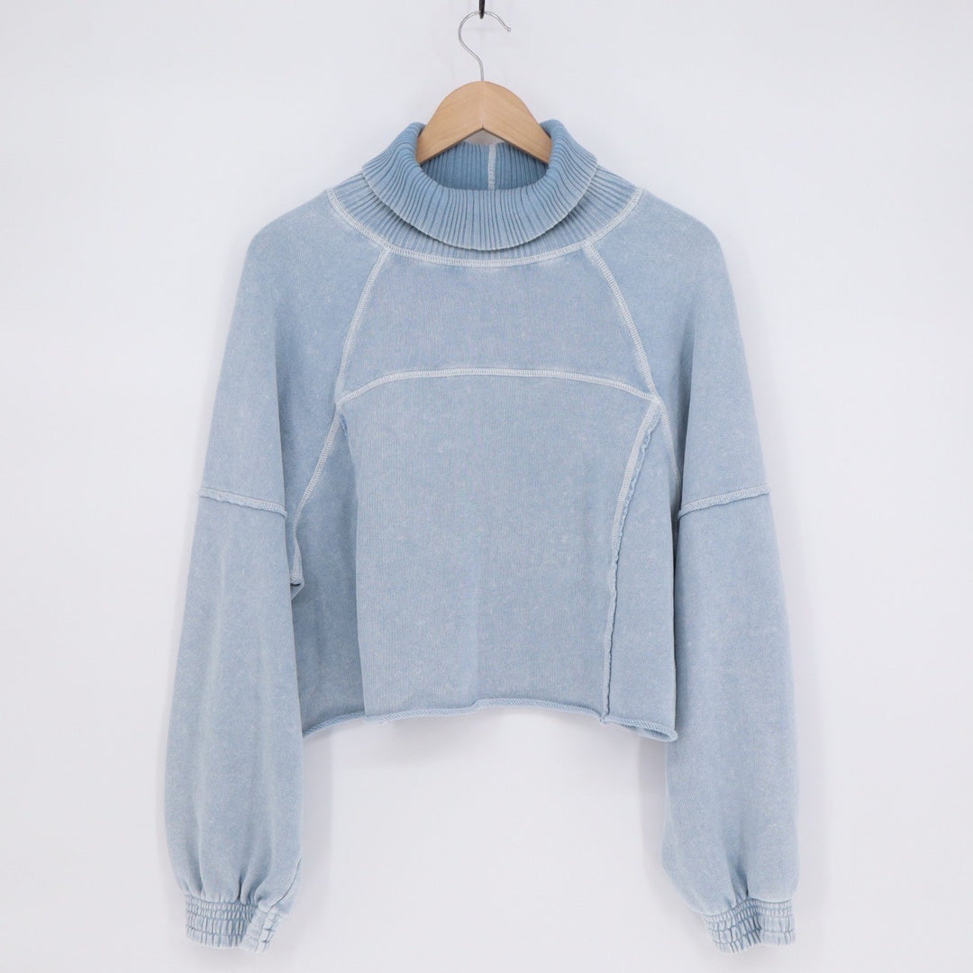 Aerie Cropped Sweater Womens Small Blue Knit Cotton Turtleneck Raglan Sleeve