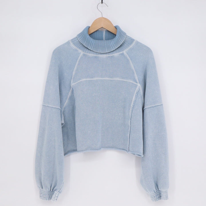 Aerie Cropped Sweater Womens Small Blue Knit Cotton Turtleneck Raglan Sleeve