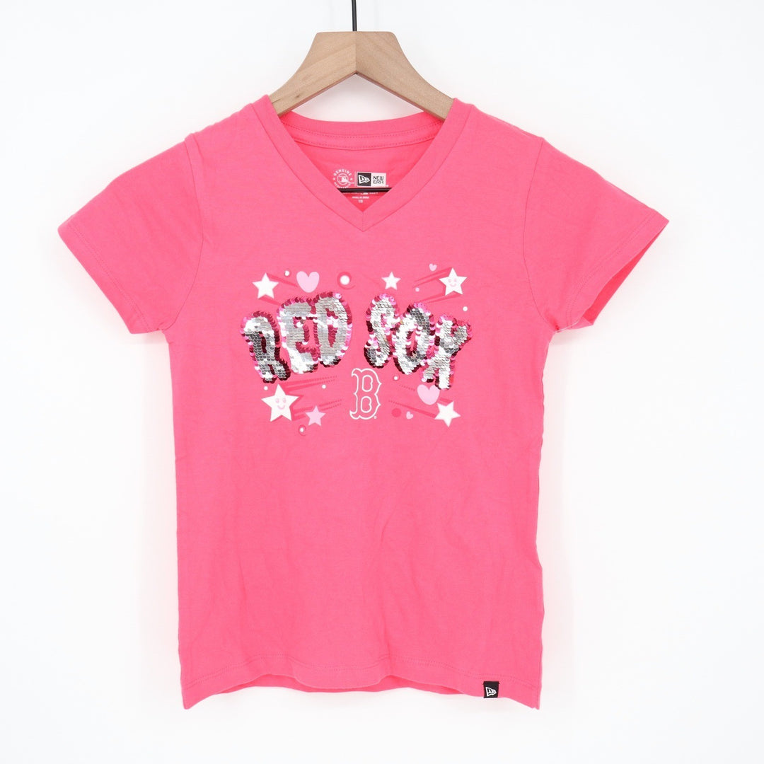 New Era Boston Red Sox Girls Pink Sequin V-Neck T-Shirt Size 7/8 MLB New