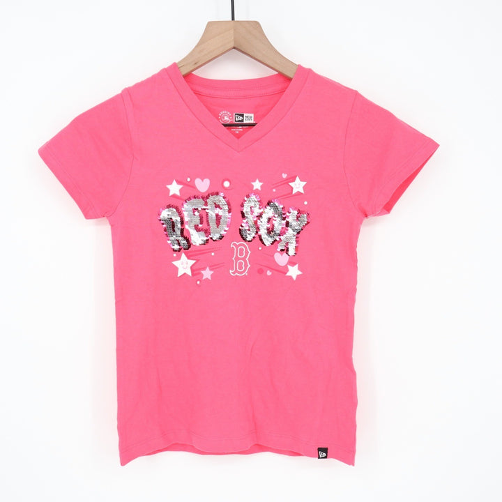 New Era Boston Red Sox Girls Pink Sequin V-Neck T-Shirt Size 7/8 MLB New