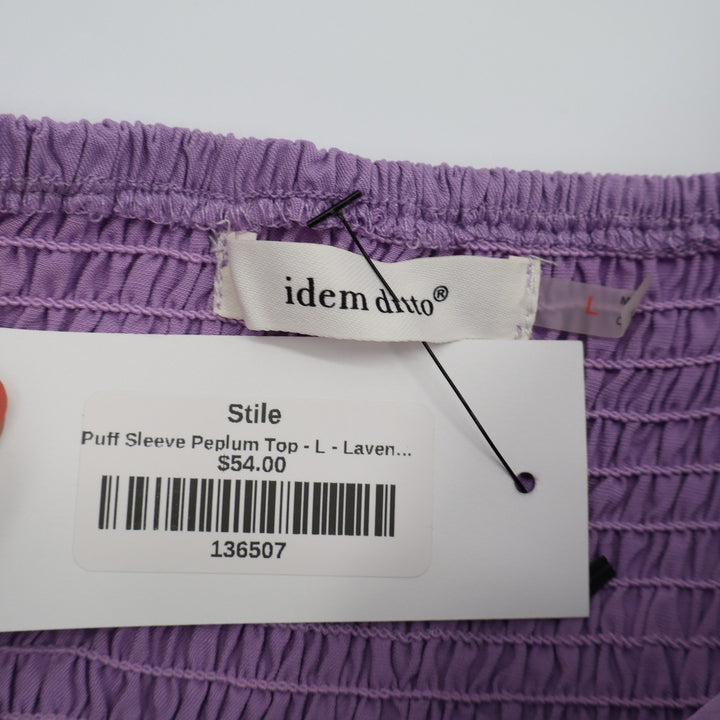 Idem Ditto Puff Sleeve Peplum Top Lavender Purple V-Neck Smocked Back Large