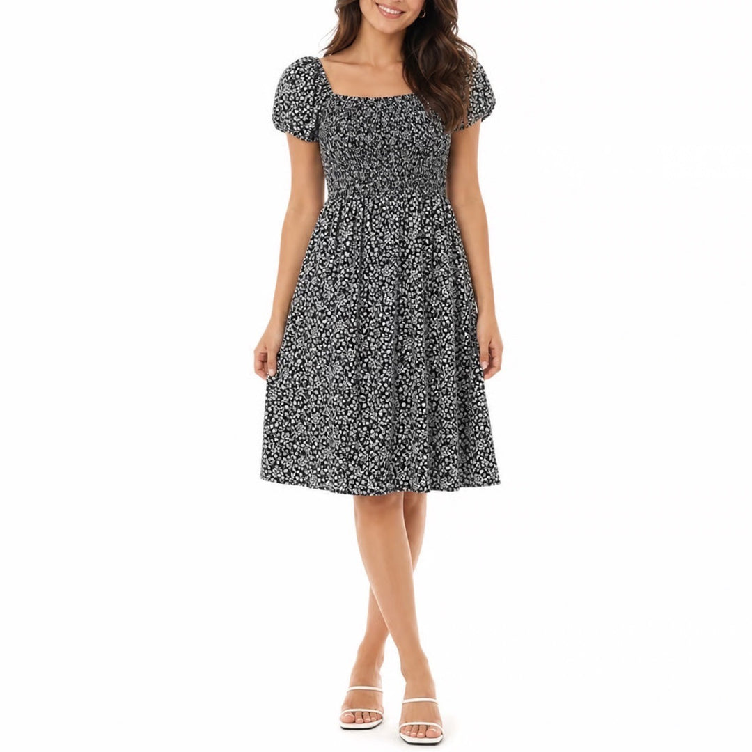 Derek Heart Maternity Smocked Floral Dress Black White Ditsy Square Neck Medium