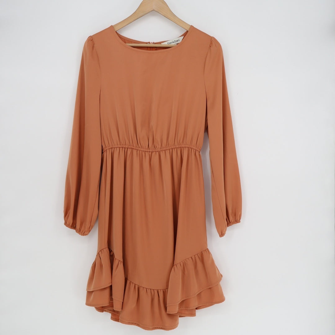 Davi&Dani Mini Dress Womens L Orange Pleated Ruffle Hem Long Sleeve Round Neck