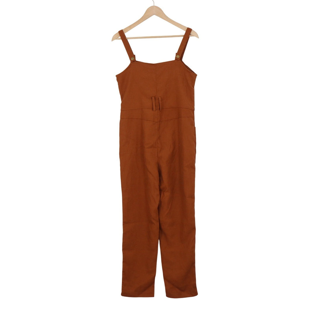 SHEIN Rust Brown Button Front Straight Leg Jumpsuit Size Small 4 Pockets Utility