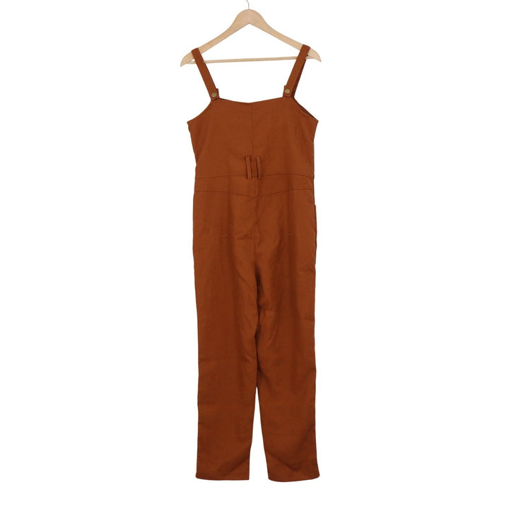 SHEIN Rust Brown Button Front Straight Leg Jumpsuit Size Small 4 Pockets Utility