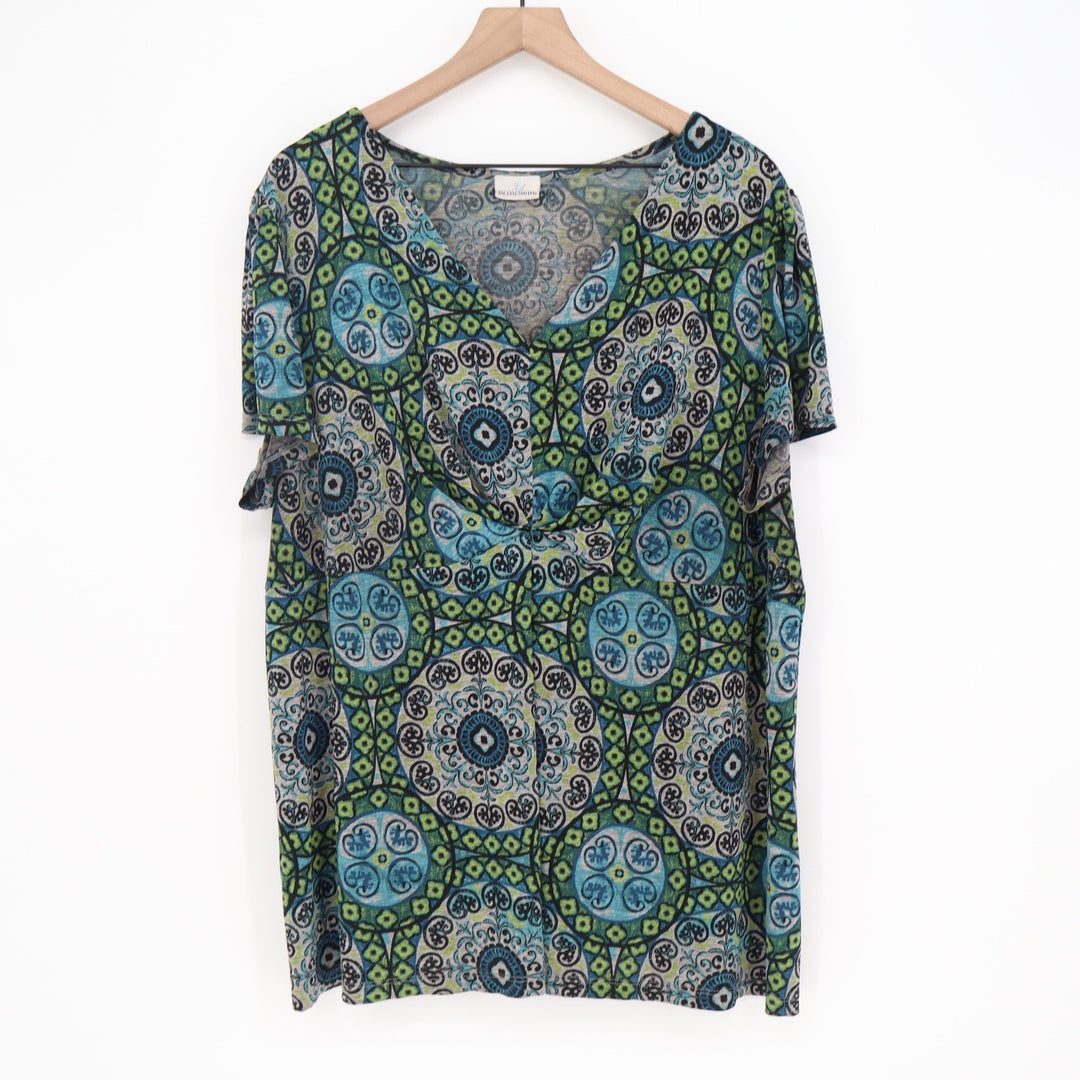 Jaclyn Smith Top Womens 2XL Medallion Print Blue Green Twist Front Excellent