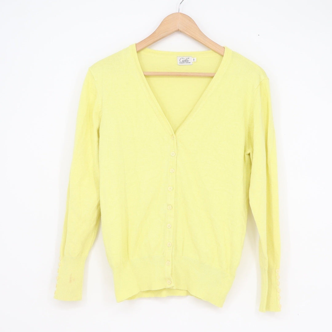 Cielo Womens Lemon Yellow V-Neck Button Front Cardigan Sweater Size M
