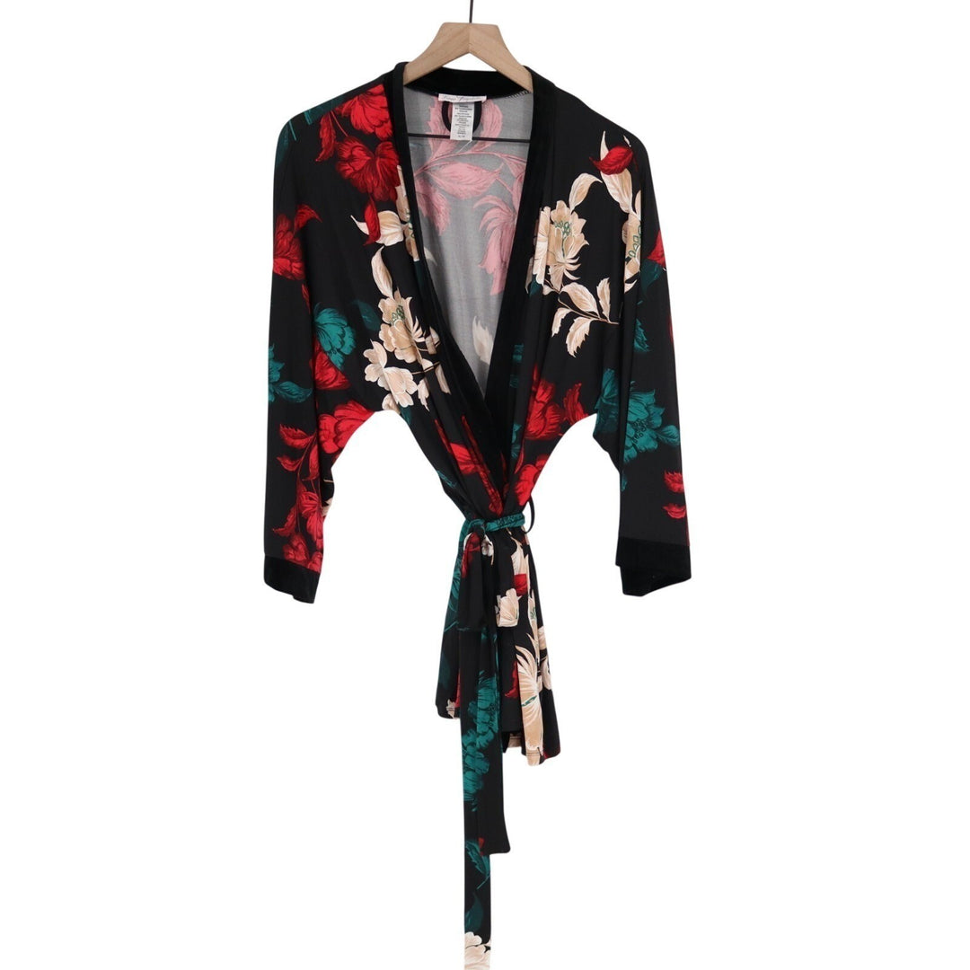Linea Donatella Set Women XL Black Red Floral Wrap Kimono Cardigan & Pants