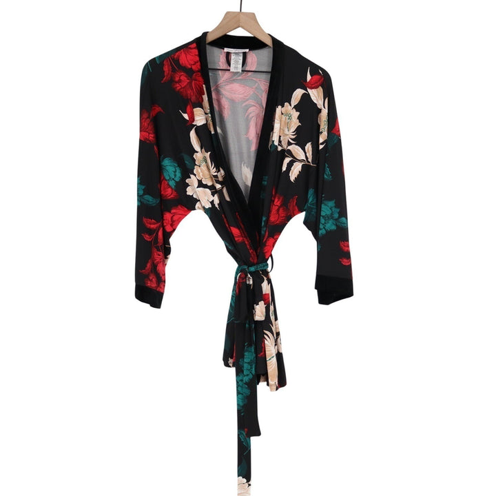 Linea Donatella Set Women XL Black Red Floral Wrap Kimono Cardigan & Pants