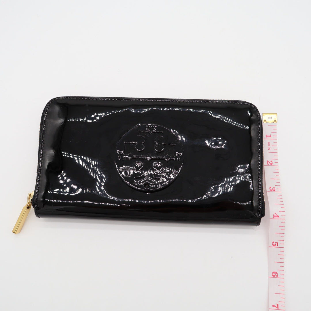 Tory Burch Womens Black Patent Leather Card Slots Zip Around Continental Wallet