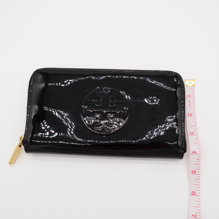 Tory Burch Womens Black Patent Leather Card Slots Zip Around Continental Wallet