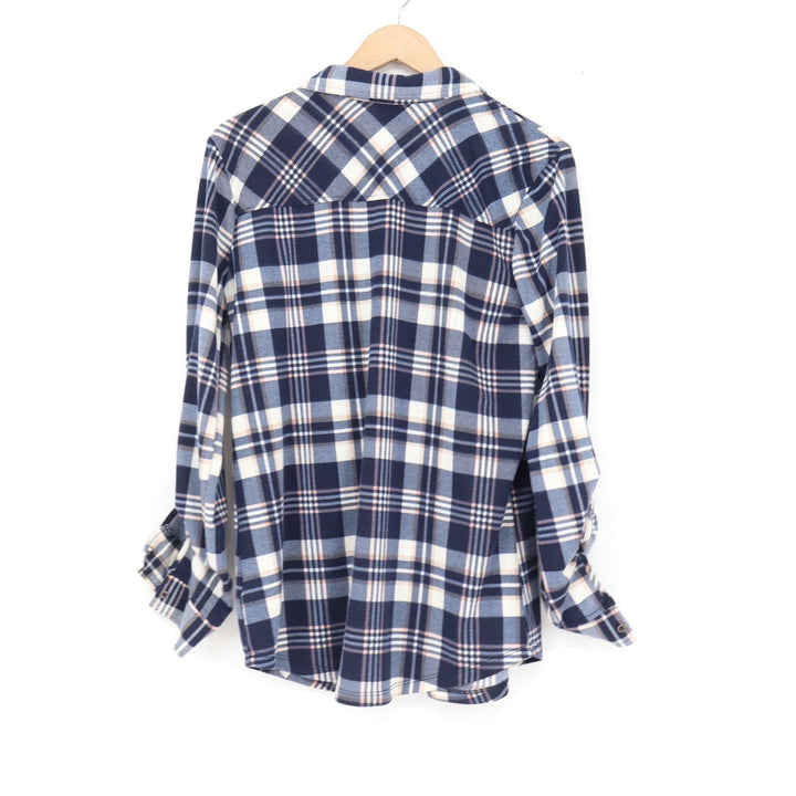 Como Vintage Womens XL Navy Blue Plaid Button Down Shirt Long Sleeve