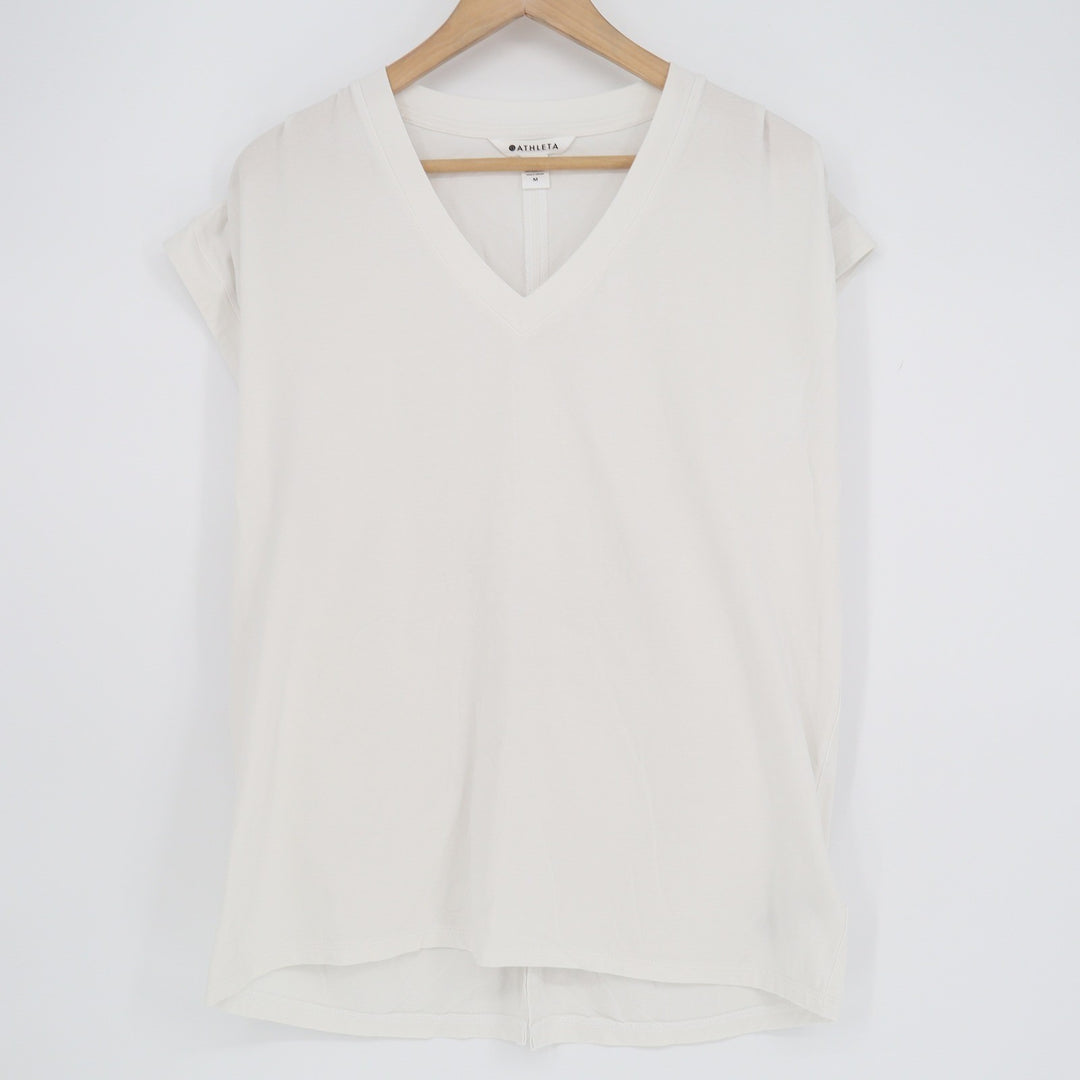 Athleta Renew V-Neck Twist Back Cap Sleeve Tee Cream Off-White Size M