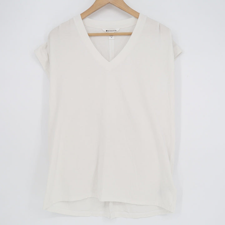 Athleta Renew V-Neck Twist Back Cap Sleeve Tee Cream Off-White Size M